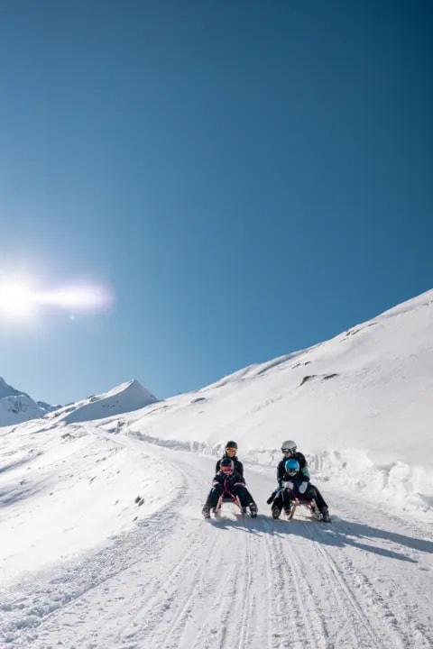 Rodler auf einer sonnigen Naturrodelbahn